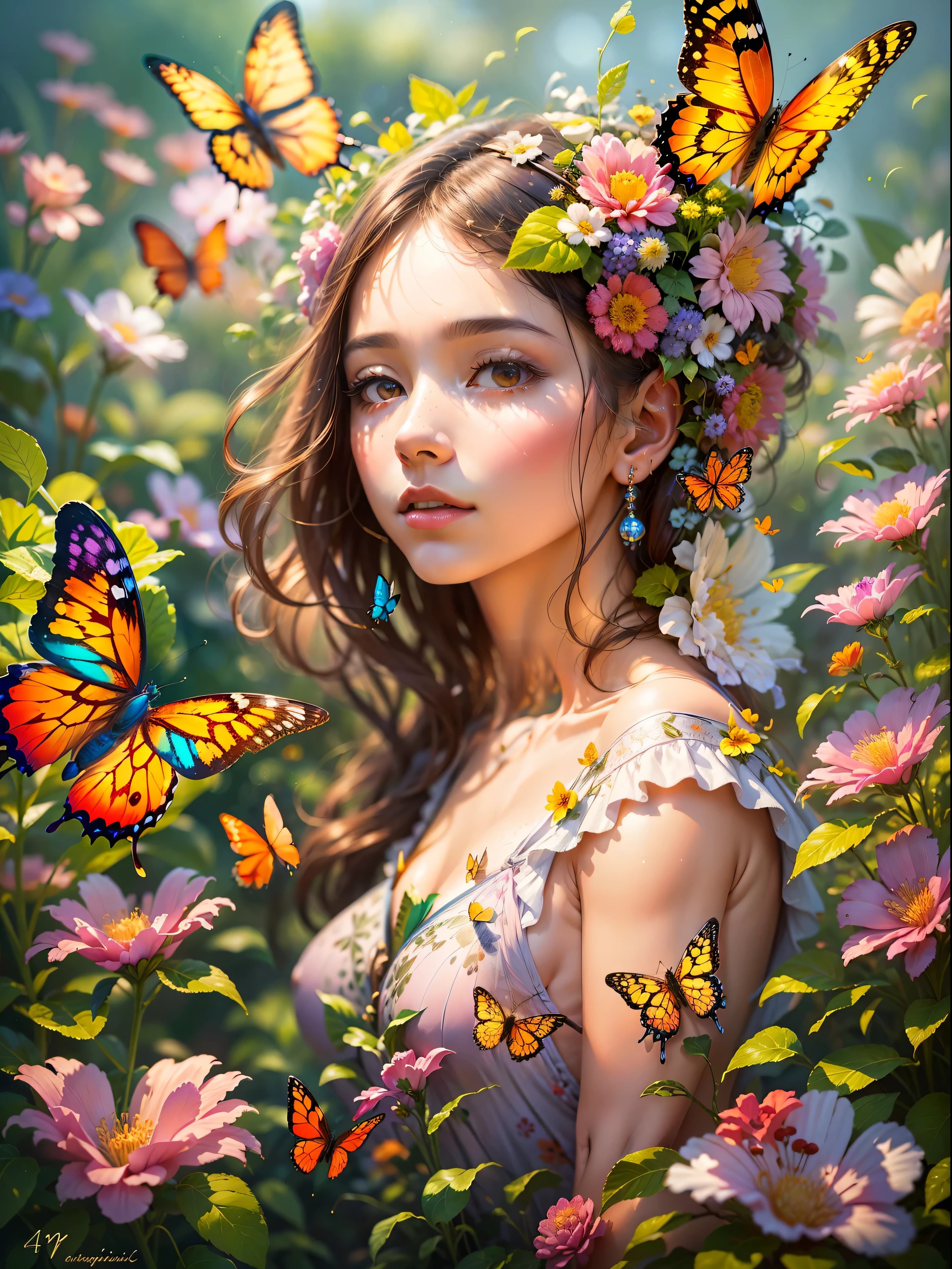 Chica con cabeza de mariposa, Rodeado de coloridos jardines, Colores suaves y relajantes, flores vibrantes, Las mariposas revolotean alrededor, suave luz del sol, fantastic atmosphere, Detailed and authentic features., pinceladas suaves, Oil painting medium, High quality and high resolution, Magical and surreal style., Escenas fascinantes e imaginativas., Happy and peaceful mood, Patrones intrincados en alas de mariposa, delicate petals and leaves, harmonious composition, Ethereal and charming atmosphere, girl with calm expression, Capture your audience's attention, evocar emociones、Una obra maestra que inspira la creatividad.. (La mejor calidad en el mejor de los casos., 4k, A high resolution, obra maestra:1.2), ultra-detallado, actual:1.37, pintado al oleo, color vivo, soft and smooth lighting, Lovely garden, mariposas magicas