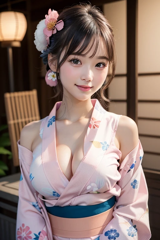 (1ung girl), Extremely cute face, Amazing face and eyes, (Highly detailed eyes, Highly detailed face), fresh, Very clean appearance, (Hyper-realistic, hight resolution), (Best Quality:1.4), Raw photo, (Realistic, Photorealsitic:1.37), Professional Photography, (light pink floral pattern yukata:1.5), (Open yukata), (cleavage:1.2), (Bare shoulders), Smile slightly, (Staring at me), Bedroom, girl portrait , (show off one nipple:1.2)