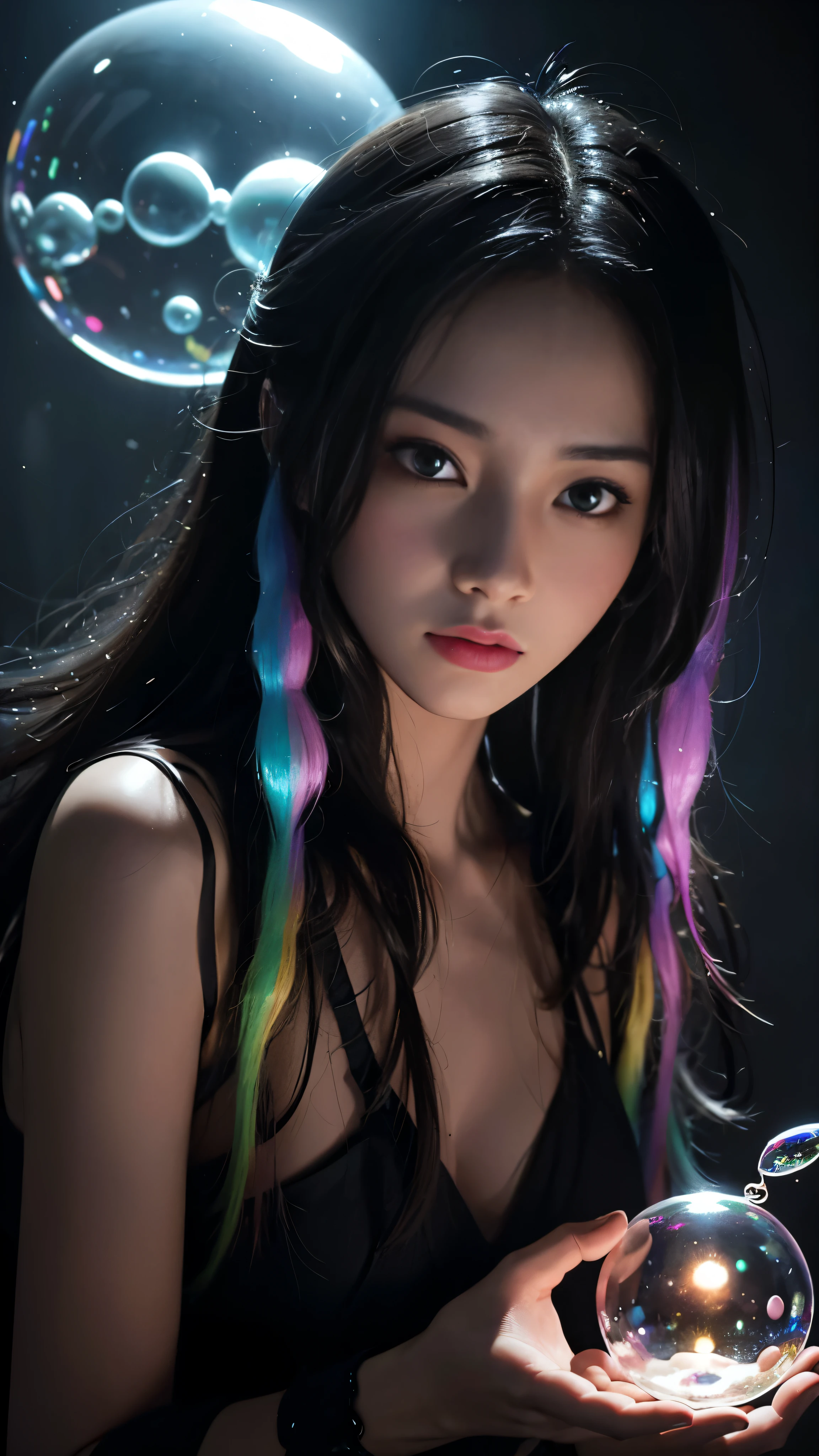 In the middle of a dimly lit room、Two women with long dreadlocks、It blows brilliant rainbow bubbles into the mysterious air.。Dariusz Zawadzki and Tom Bagshaw's collaboration、This psychedelic scene comes to life。Teenage biopunk cyborg、It is a mechanical marvel of human ingenuity.、They watch from the sidelines with curious expressions.。 The neon-colored sparkling bubbles、It bursts forth in the darkness、Casts an attractive shadow。The woman's face is enveloped in the mysterious glow of bubbles.、The features are softened by a surreal atmosphere.。