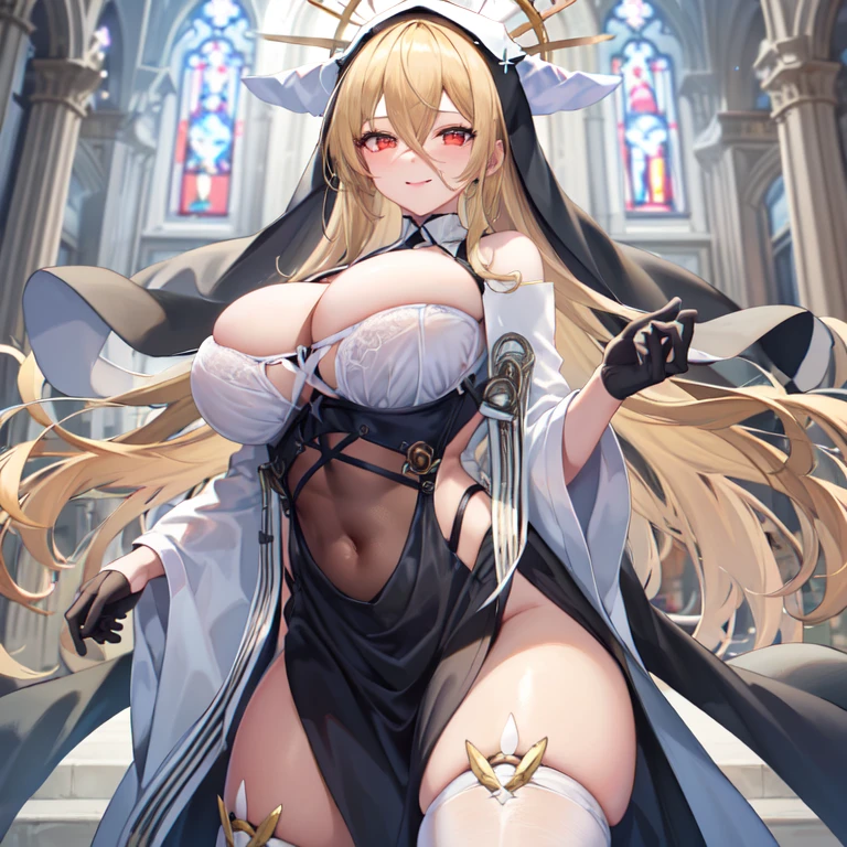 The tip for using stable diffusion to produce high-quality images is: "1 girl, Bangs, bare shoulders, between breasts, black skirt, black gloves, blond hair, bra curtain, tear, Open your mouth wide, cover navel, accustomed, hair between eyes, halo, trumpet, huge breasts, indomitable (Azure Lane), long sleeve, looking at the audience, nun, pelvic curtain, Red eyes, Smile, alone, Very long hair, white stockings, in the church, (best quality, 4K, 8K, high resolution, masterpiece:1.2), Super detailed, (actual, photoactual, photo-actual:1.37), portrait, bright colors, studio lighting." Please make sure to follow the formatting requirements, Including the use of appropriate () and [] syntax.