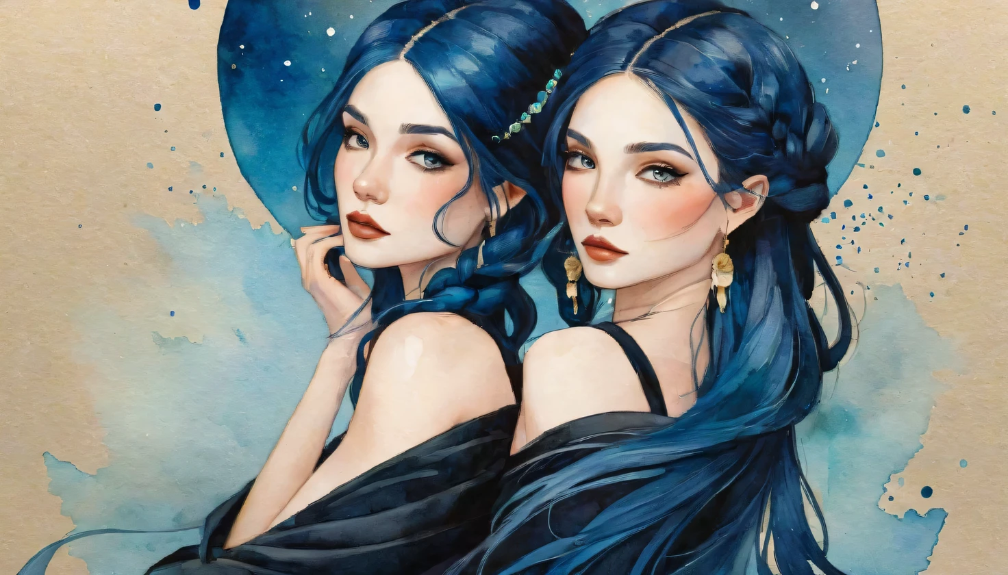a watercolor painting of a woman with long black hair and a black dress, girl with blue hair, style of charlie bowater, jen bartel, in style of charlie bowater, woman with flat hair, in style of anna dittmann, charlie bowater rich deep colors, inspired by Jeremiah Ketner, Inspired by Harumi Hiỉonaka, golden ratio.
