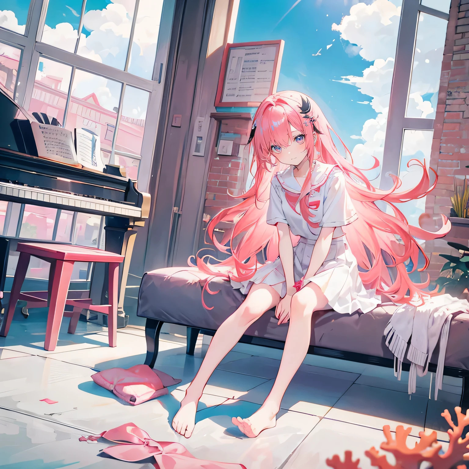 Coral pink hair，long hair，hair over one eye，gray eyes，feather hair ornament，cute，girl，laughing expression，white shirt，skirt，No shoes on your feet，sit on stool，play piano，whole body，Don't show your arms，The background is the sea surface，Sky Mirror，Blue sky and white clouds