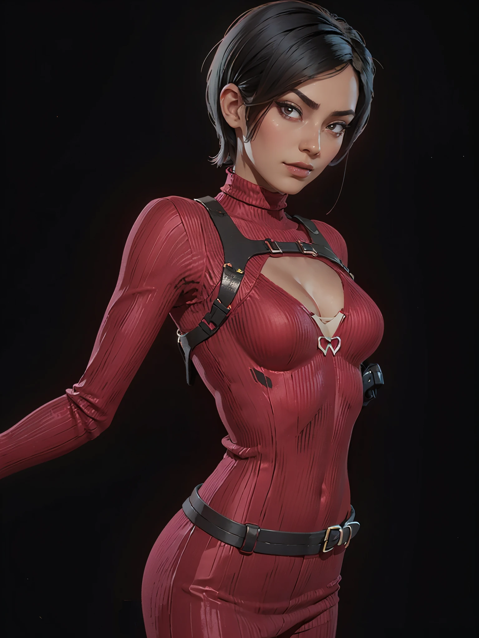 one asian girl, ada wong, solo, abs, slender body, (upper body, bust:1.2), black eyes, black hair, choker, (red clothes, tiny breasts, small breasts, male chest, cleavage:1.5), bare shoulders, belts, shoulder-belts, masterpiece, highly detailed, look at viewer, shiny blured orange background, gradient sprayed background, front view, gradient red purple background, blured background, glowing edges of image