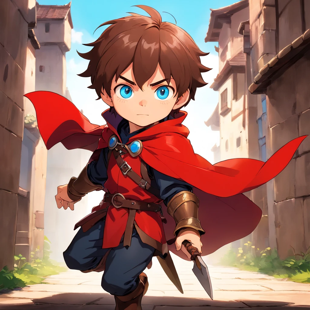 halfling boy rouge. blue eyes. Brown messy hair. Black leather armor. Red cape Dynamic striking pose splicing a shadow