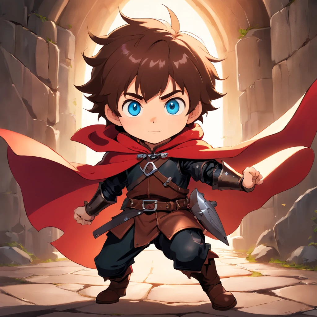 halfling boy rouge. blue eyes. Brown  messy hair. Black leather armor. Red cape Dynamic striking pose splicing a shadow