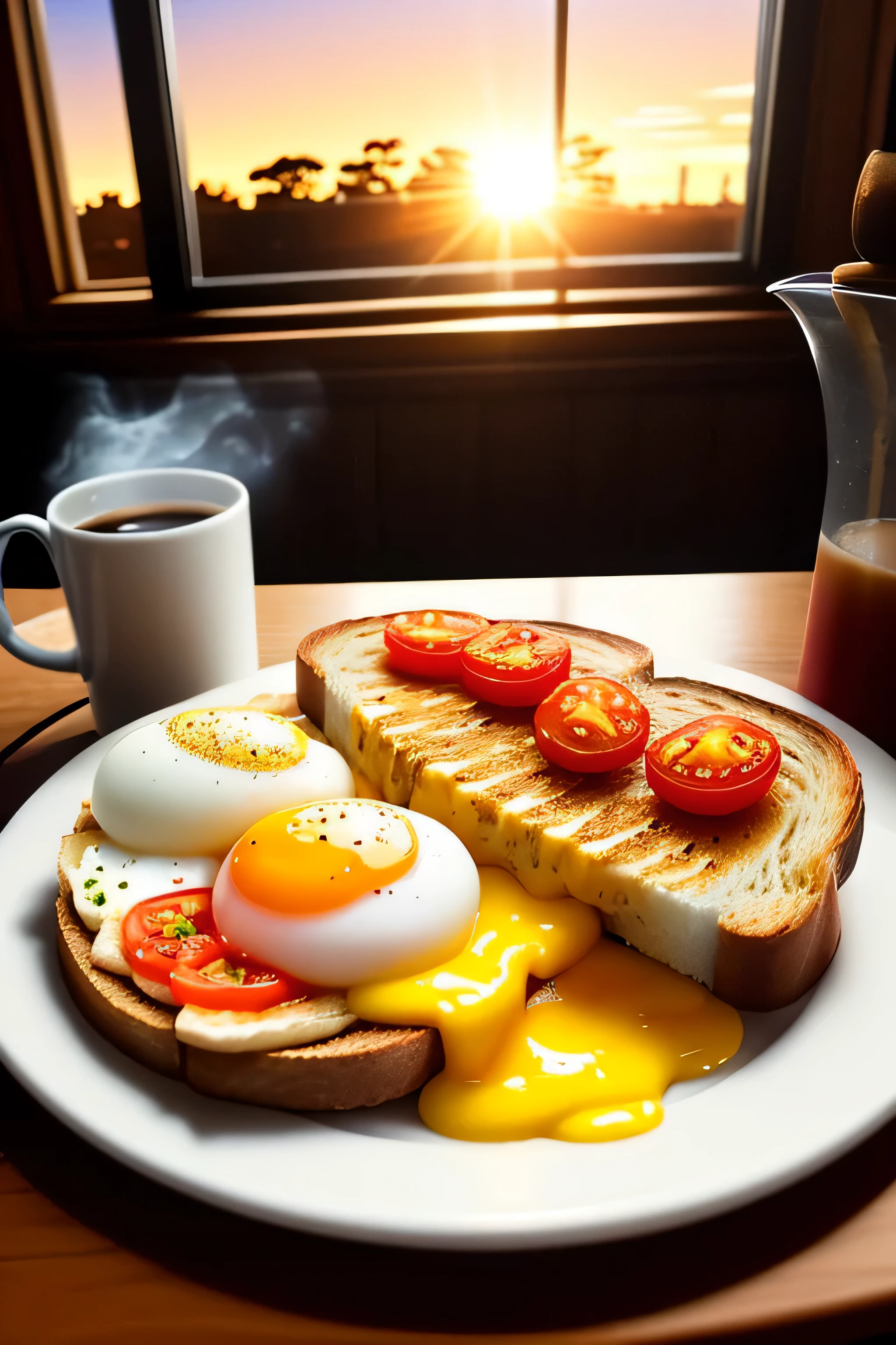 Eggs and toast、tomato、Smoky Hot Coffee、Lavish breakfast , pixar style , golden hour light,warm colors