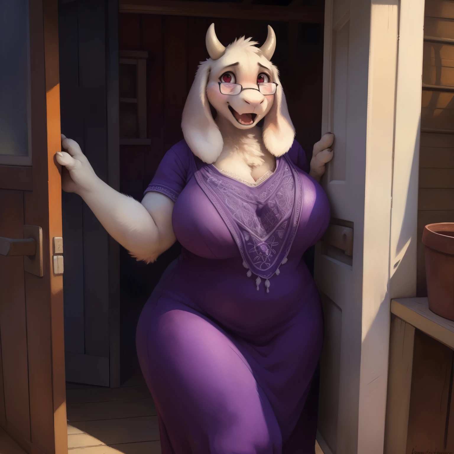 [toriel], [Undertale], [Uploaded to e621.net; (Pixelsketcher), (wamudraws), (woolrool)], ((masterpiece)), ((HD)), ((high quality)), ((solo portrait)), ((front view)), ((feet visible)), ((furry; anthro)), ((detailed fur)), ((detailed shading)), ((beautiful render art)), ((intricate details)), adult, mature, {anthro goat; white fur, white nose, (cute maroon eyes), (short eyelashes), (short goat horn), short fluffy tail, (big ), (gorgeous wide hips), (thick thighs), (kenket), (open mouth, blush, glasses), (surprise), (frown)}, {(big , big , big boobs), (dress, purple dress:1.2), (big butt), (white rune on chest)}, {(standing)), (free hands), (looking at viewer)}, [background; (outside house, open door), (ambient lighting)]
