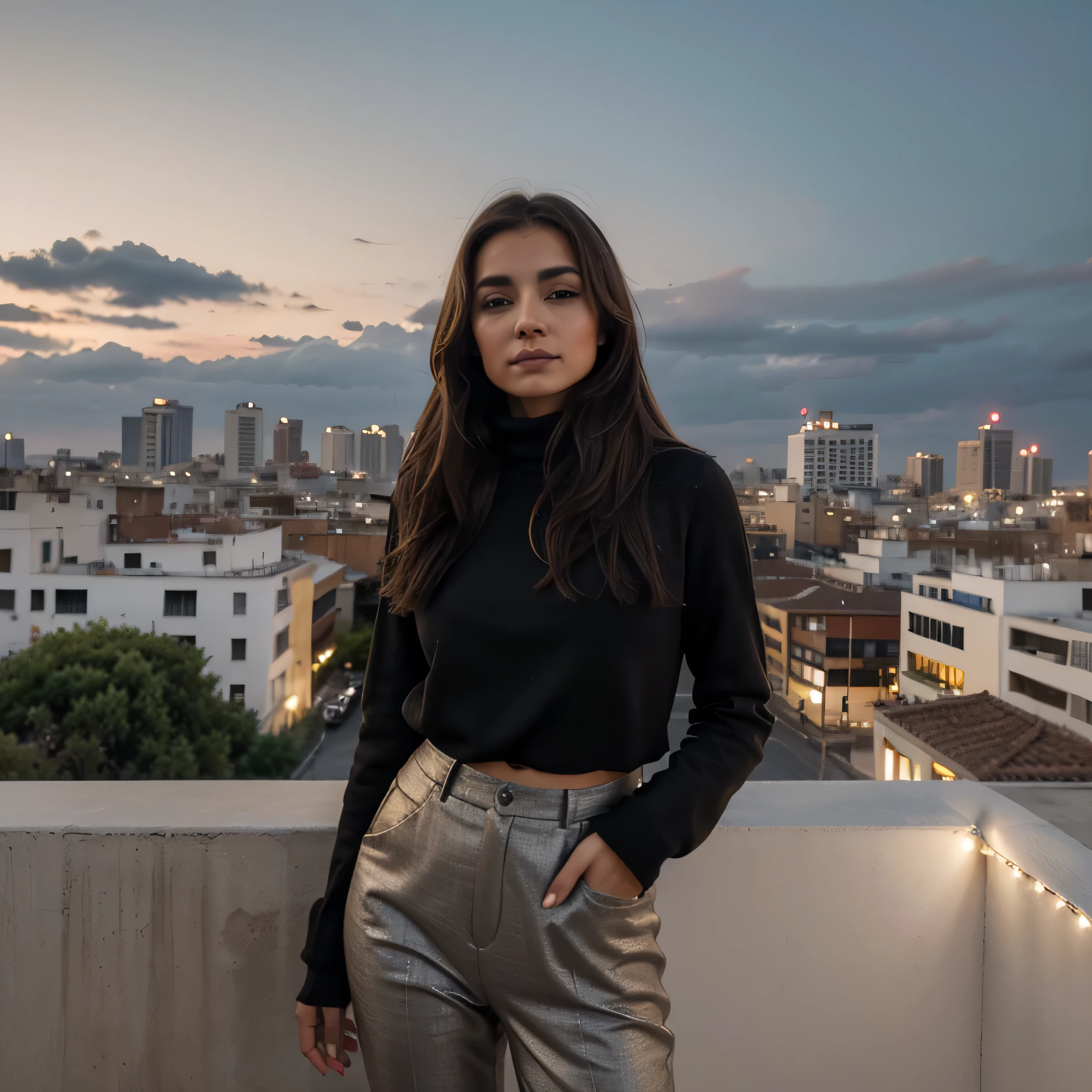 Genere una imagen muy realista de una mujer morena en la azotea de un edificio de gran altura., Con vistas al horizonte de la ciudad. Your hair should be a rich dark brown., fluyendo en ondas naturales o con un estilo elegante, cada hilo capta las variadas luces de la ciudad y el cielo. Sus rasgos faciales deben ser detallados.: profundo, warm brown eyes with detailed irises; una nariz bien definida; y labios carnosos con un sutil color natural, mostrando texturas realistas. Your skin should have a warm tone., tono medio, Rendered with fine details to capture the interplay of light and shadows in the urban rooftop environment.

She is dressed fashionably., contemporary suit that complements the urban context, con texturas que parecen elegantes y apropiadas para una escena sofisticada en una azotea.

The rooftop offers a panoramic view of the cityscape., incluyendo imponentes rascacielos, calles iluminadas, y rasgos urbanos lejanos, Todo representado con gran detalle para capturar la inmensidad y vitalidad de la ciudad.. The lighting is a mix of the ambient glow of the city and the soft evening sky., creating a captivating and dynamic atmosphere. The focus is clearly on the woman., positioning her as the central figure in the magnificent backdrop of the city, destacando su presencia en medio de la grandeza de la velada urbana.