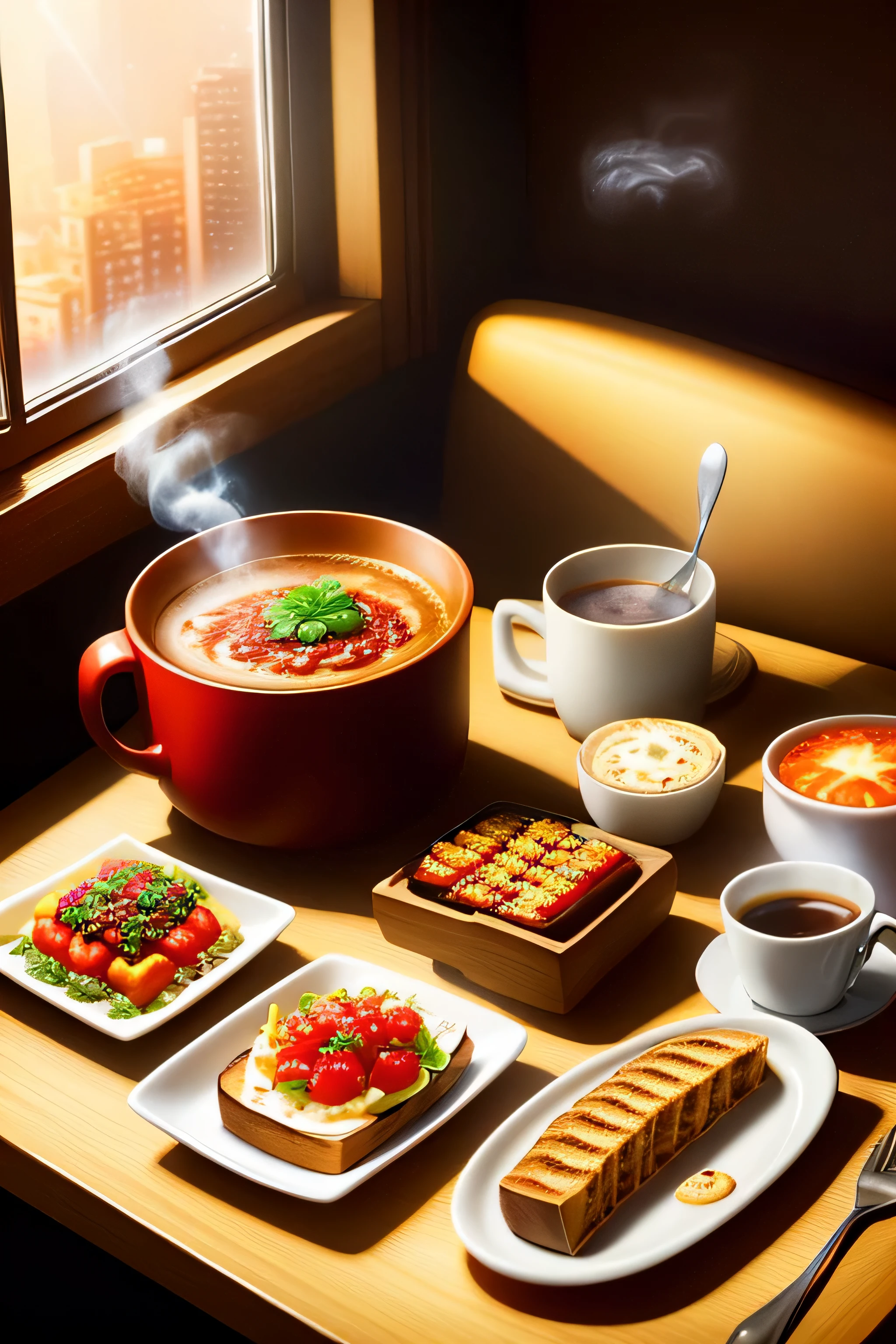 toast、tomato、Smoky Hot Coffee、Lavish breakfast , pixar style , golden hour light,warm colors