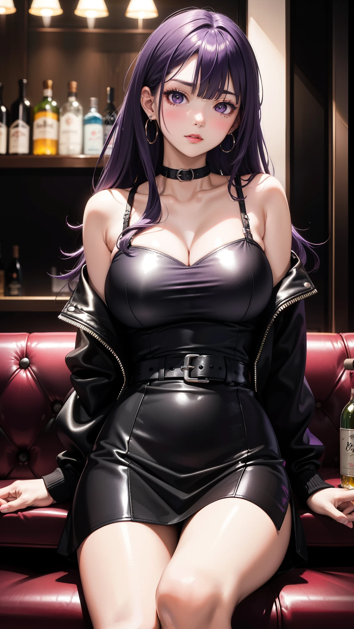 (best quality:1.1), (Masterpiece:1.2), High quality shadow, beautiful details, Beautiful face, Detailed eyes, depth of field, high resolution, best shadow, best light, 1 girl, see the audience, shiny purple hair, smooth, blunt, long hair, ruby pink eyes, shy, very big breasts, pump, Single strap shirt, black leather jacket, black leather skirt, table, mirror, liquor bottle, night time, rift,  eyes, pub bar background, sexy, cool, throw, Cool ,Ear jewelry, Sitting cross-legged, sofa , bitch