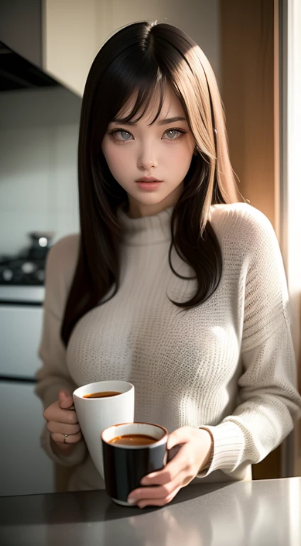 (masterpiece:1.2, best quality), (finely detailed beautiful eyes: 1.2), solo focus, (extremely detailed CG unity 8k wallpaper, masterpiece, best quality, ultra-detailed, best shadow), (detailed background), (beautiful detailed face, beautiful detailed eyes) , 1girl, noona, 1girl, solo, large breasts, (oversized sweater:1.2), sitting on sofa, shorts, holding cup, drinking coffee from cup, High contrast, beautiful sexy woman, adult, (best illumination, an extremely delicate and beautiful),(simple backround, indoors, living room, on sofa), looking at viewer,beautiful detailed glow, topless, naked, nude