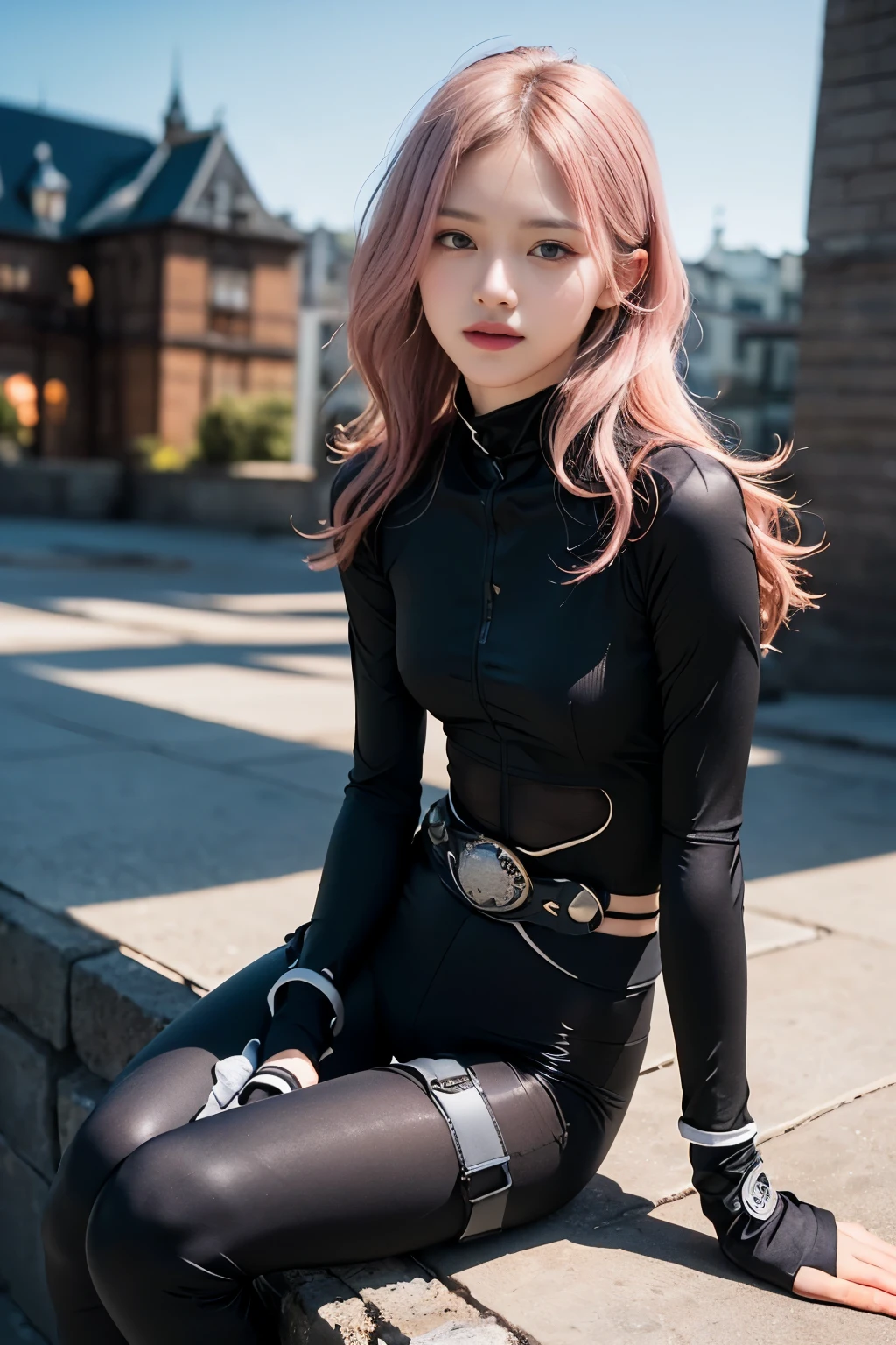 (8K, top-quality, masterpiece:1.2), (realistic, photorealistic:1.37), (super detail), (one girl), (highly detailed), (beautifully detailed eyes), (of the highest quality), (super detailed), (masterpiece), (detailed face), (20yr old), (1 girl), (pink hair, long hair), (medium breasts), (clothed), (perfect lighting), BREAK, (flowing wavy hair:1.3), (mysterious smile:1.2), (strong pose with ninja sword:1.5), (demon realm castle background:1.4), (soft central lighting:1.3), BRAKE, (futuristic ninja suit:1.5), (deep purple with black and silver accents:1.4), (camouflage pattern:1.2), (durable stretch fabric:1.3), (slim-fit bodysuit:1.5), (high-function inner wear:1.2), (muscle-supportive top:1.3), (tight leggings:1.4), (tight-fit silhouette:1.5), (armored pockets:1.2), (mesh panels:1.3), (integrated socks:1.2), (lightweight ninja boots:1.4), (utility belt:1.3), (small equipment pouches:1.2), BRAKE