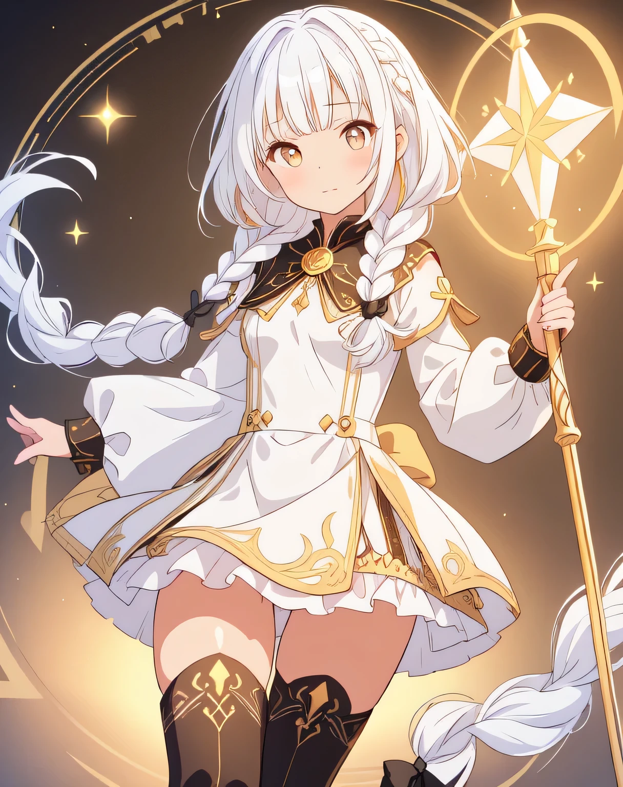 1GIRL, cute girl, finely detailed, (best quality), (intricate details), cute style, healer style, dungeons and dragons style, multicolored, ((long white hair in braid)), ((tan skin)), best quality, ((gold and black puffy long sleeve dress)), ((thigh high socks)), ((black socks)), ((round eyes)), beautiful face, happy eyes, cute face, pinup, perfect face, simple background portrait, magic circle, magic staff