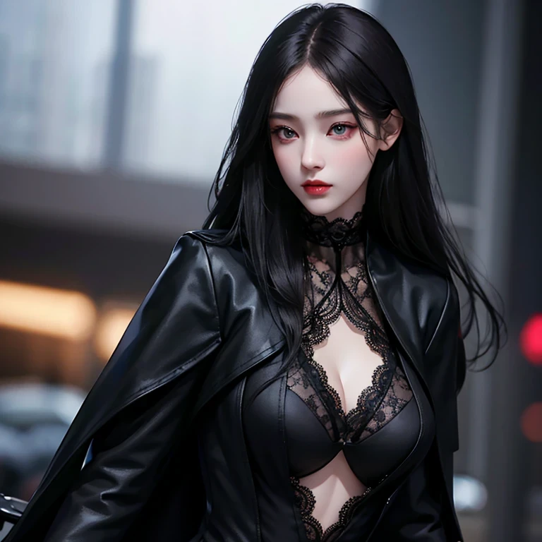 Beautiful girl with realistic black eyes, pale skin, Long black hair, perfect face, perfect eyes, ((Wearing a black coat)),((A tight lace dress with a large opening at the chest)) very detailed, comprehensive movie, digital painting, 8K, cinematic lighting, highest quality, High resolution, Great job!, Post-processing, perfect result, surreal,(((revealing clothes))),big breasts,choker
