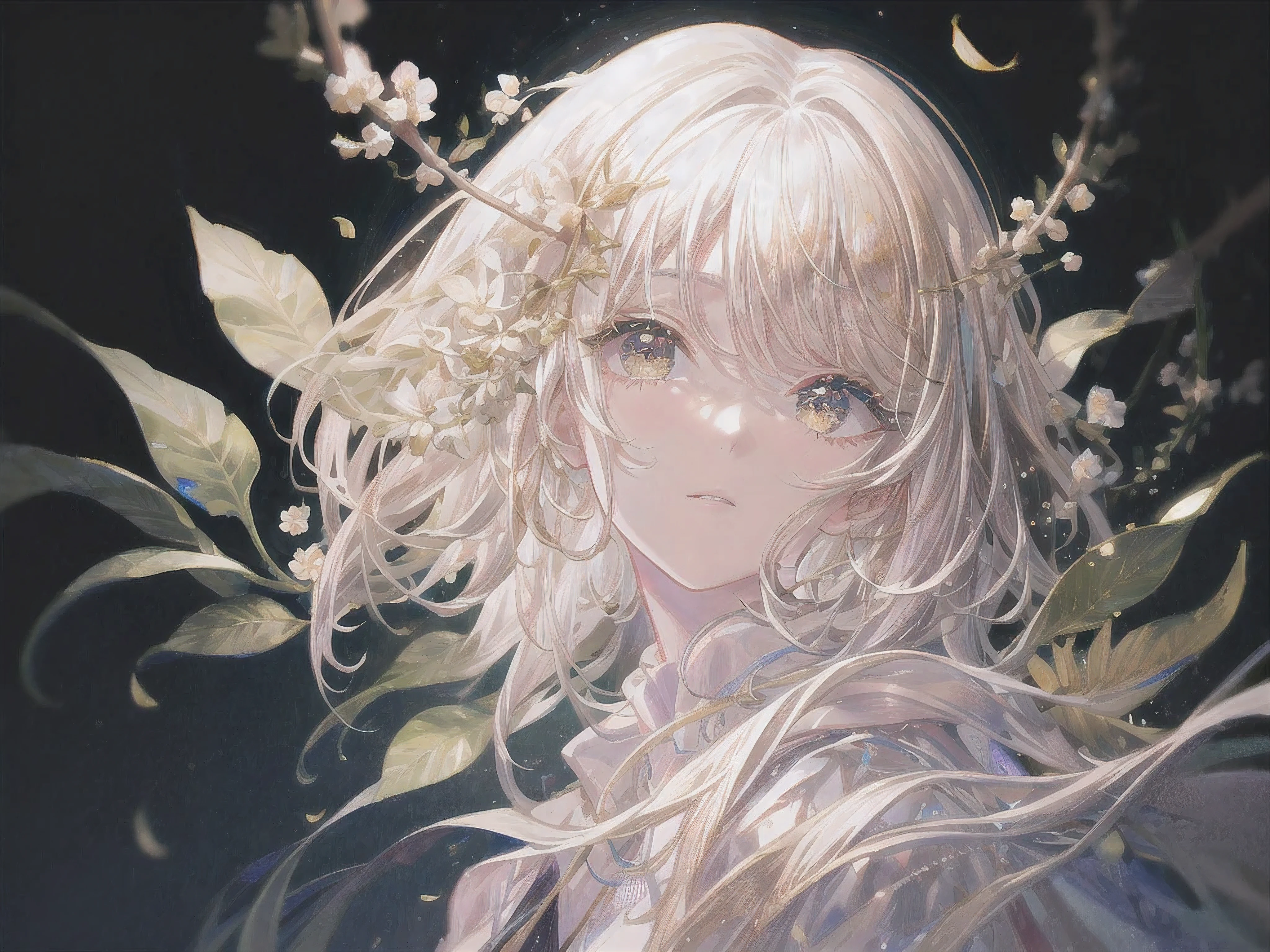 white hair，gold，leaf，flowers,brillant,Soft brushstrokes，Aesthetic，masterpiece