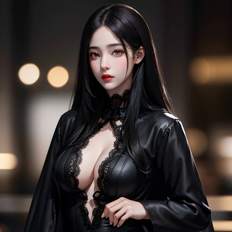 Beautiful girl with realistic black eyes, pale skin, Long black hair, perfect face, perfect eyes, ((Wearing a black coat)),((A tight lace dress with a large opening at the chest)) very detailed, comprehensive movie, digital painting, 8K, cinematic lighting, highest quality, High resolution, Great job!, Post-processing, perfect result, surreal，(((revealing clothes)))，big breasts，choker