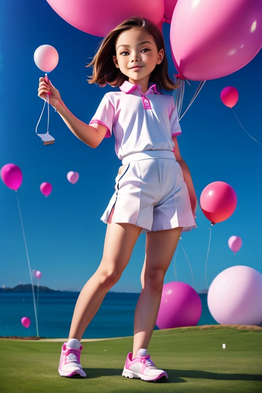 ((holding a ballon)), (((full body))), real photo, 9 years old girl, Brat, white golf wear,