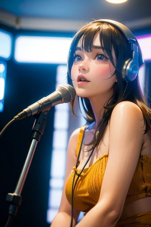 ((highest quality)), ((masterpiece)), (be familiar with), perfect face,Singer girl with headphones in front of a studio microphone, waist shot, Angle looking up diagonally, looking at the camera, the first take, Created at Anime Artist Studio, girl in studio, Lofty Girl, lain iwakura, vocalist, portrait of lofi, promotional artwork