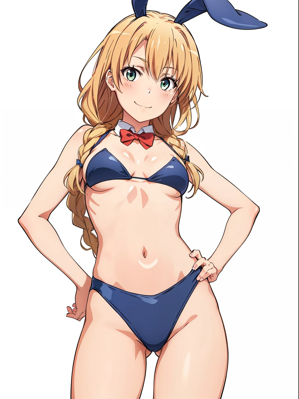 ((masutepiece, Best Quality, hight resolution, nffsw, Perfect Pixel, depth of fields, 4K, )), 1girl in, Solo, , Beautiful anime girl, Beautiful Art Style, close up, Looking at Viewer, Perfect body, long hair, braided hair, light blonde hair, (small boob), green eyes, Full face blush, Smile, thighs thighs thighs thighs, navy playboy bunny, red bowtie, hands on hips, white background, cowboy shot, Focus,