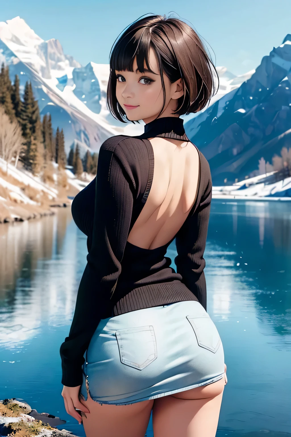 ((panty shot)),((lifting skirt)),((butts and back focus)),Vulgar,looking back,(( looking back at the viewer)),cleavage,low angle,from below,Vulgar,(black one piece knit sweater),((1girl,cute,young,pixie cut beautiful brown hair,blunt bangs,beautiful eyes)),(solo), ((realistic:1.5,Beautiful girl RAW photo)),(looking at the viewer), innocent smile,cinematic lighting and pause,beautiful icy lake and mountains,flowers,trees,snow,blue sky