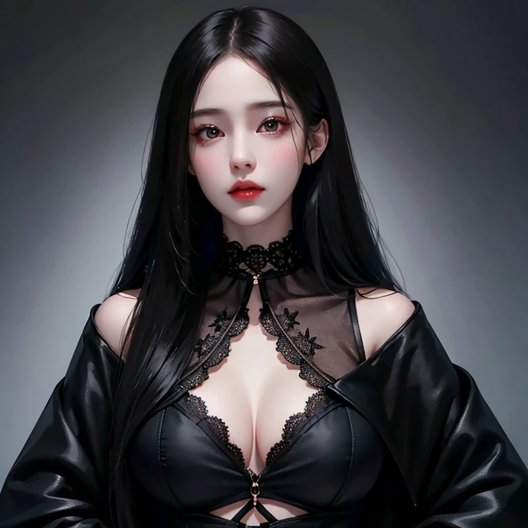 Beautiful girl with realistic black eyes, pale skin, Long black hair, perfect face, perfect eyes, ((Wearing a black coat)),((A tight lace dress with a large opening at the chest)) very detailed, comprehensive movie, digital painting, 8K, cinematic lighting, highest quality, High resolution, Great job!, Post-processing, perfect result, surreal,(((revealing clothes))),big breasts,choker