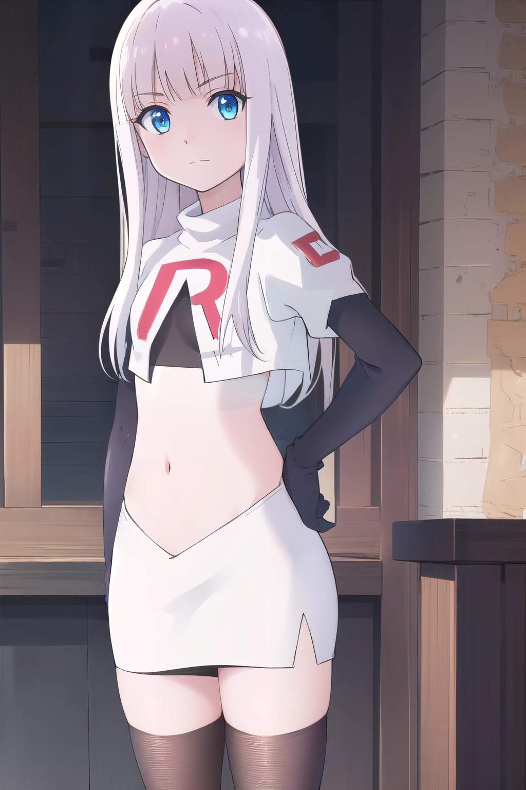 mira, anime, 1girl, solo, long_hair, looking_at_viewer, blue_eyes, white_hair, small breasts, soft smile, lake, yuzustyle , masterpiece, best quality, official art, extremely detailed CG unity 8k wallpaper, highly detailed, shiny skin, Depth of field, vivid color, team rocket,team rocket uniform, red letter R, white skirt,white crop top,black thigh-highs,black elbow gloves