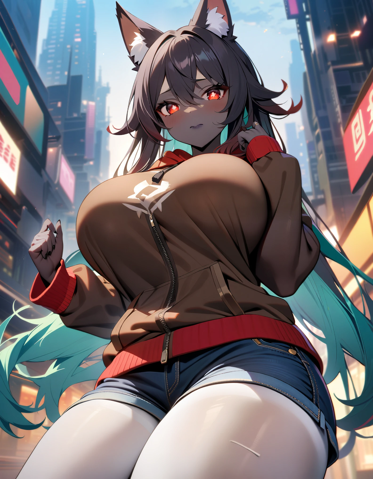 masterpiece, best quality, extremely detailed, 1girl, milf, solo, (dark skin, black skin:2.1), hu_tao_\(genshin_impact\), (huge breasts:1.4), ((((aqua hair), very long hair, red eyes, fox ears))), purple lips, (((wearing hoodie, denim shorts, white pantyhose))), ((shy), closed mouth), ((futuristic cityscape))