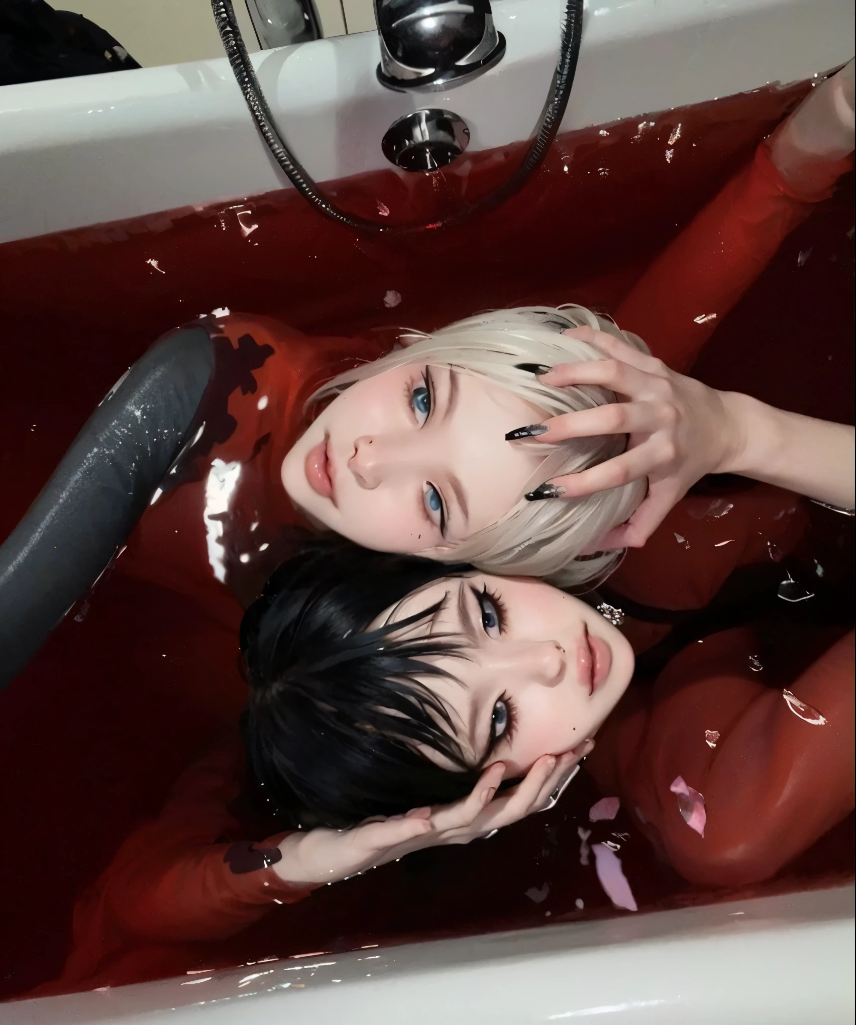obra maestra, Mejor calidad, 4k, HD, cuadro, hermosos ojos y cara detallada, illustration, Hermoso detallado, high resolution illustration, brillante_blanco_particles, bathtub full of blood, mujeres mojadas agarrandose la cara con las manos detalladas