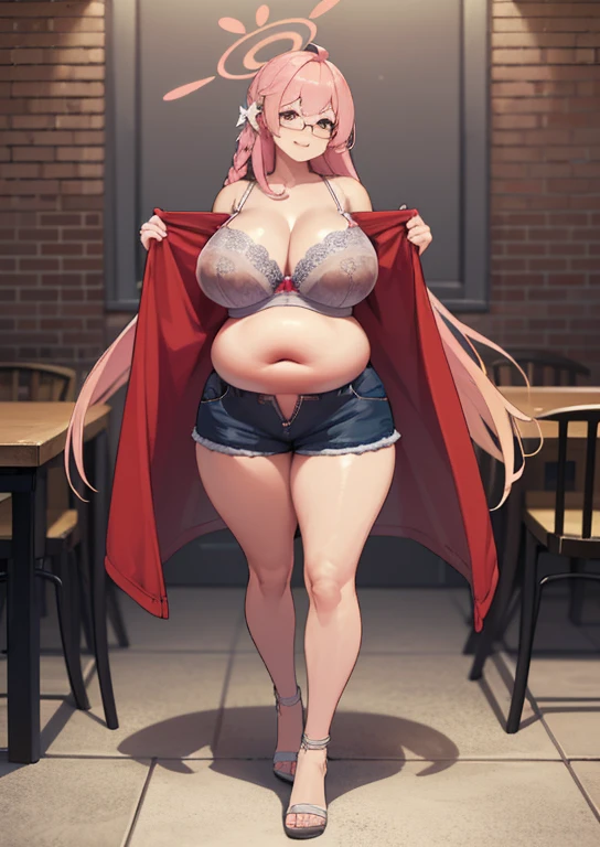 (masterpiece, best quality, highly detailed), 1girls, big belly, huge belly, art by kipteitei, round belly, chubby, curvy, belly grab, enormous belly, fat belly, thicc, bigger belly, really big belly, jiggly belly, glasses, unzipped jacket, (no shirt), bra, thight shorts, high heels, smug face ((full body)), long hair