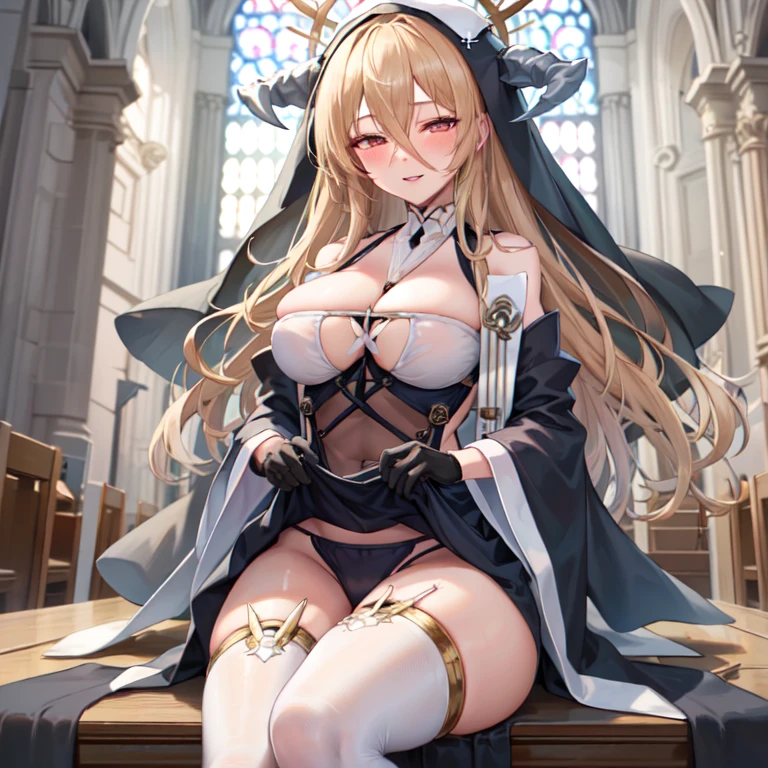 1 girl, alone, unyielding \(Azure Lane\),sitting, veil, nun, fake horns, Clothes lift, Black, camel toe, between breasts, hair between eyes, halo, wide sleeves, looking at the audience, Black gloves, , white, Smile, blush, half-closed eyes,open lips, (church)