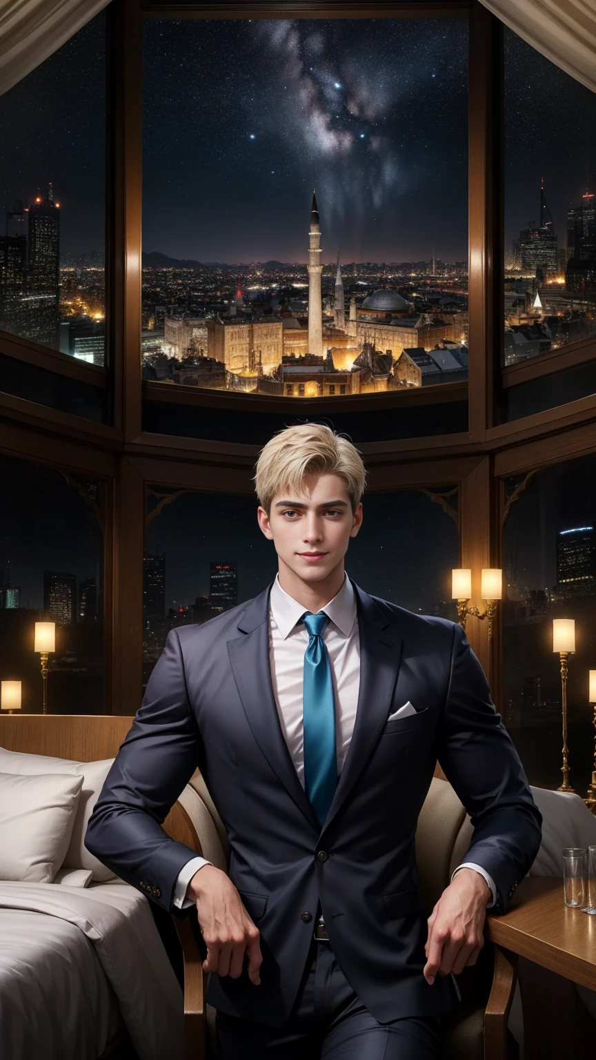 The resurrected figure of Roman Emperor Constantine I "The Great". Modern.Revival of the Roman Emperor Constantine the Great。Male, 34 years old。Gentle smile。The gentle yet overwhelming aura of a ruler。honest and kind, however、Cold and solid when you need it.。enthusiastic and talented at work。manly。bright and sharp eyes。Lion-like eyes。wearing a chic high-class suit。Successful businessman。Fluffy short hair。Thin but strong and muscular body。Long body。Relaxing in the hotel lounge。Through a large window, the night view of Istanbul shining like a jewel。Modern。opulent。elegan。masterpiece。ultra-quality。 Delicate and elegant. Elegant and luxurious. Detailed and exquisite. Super high quality. Super high quality. A super masterpiece. Super beautiful.