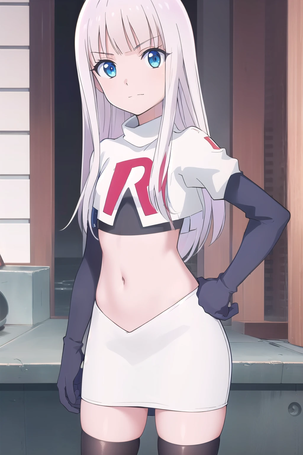 mira, anime, 1girl, solo, long_hair, looking_at_viewer, blue_eyes, white_hair, small breasts, soft smile, lake, yuzustyle , masterpiece, best quality, official art, extremely detailed CG unity 8k wallpaper, highly detailed, shiny skin, Depth of field, vivid color, team rocket,team rocket uniform, red letter R, white skirt,white crop top,black thigh-highs,black elbow gloves