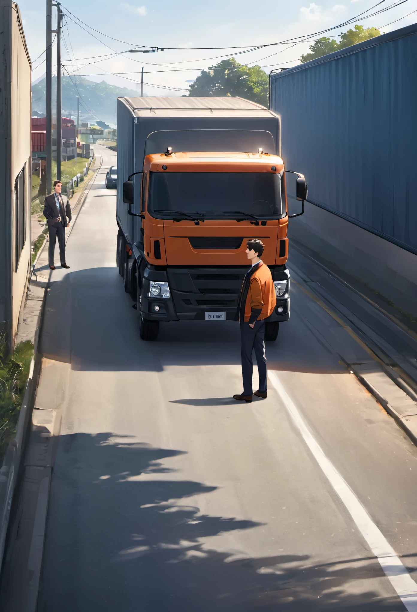 Create a truck coming from a distance and a man standing at one side of the road talking to another man