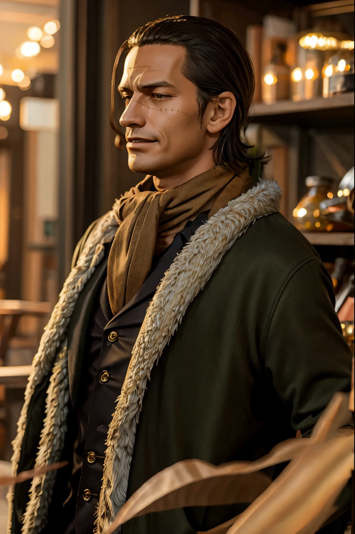 masterpiece, best quality, extremely detailed, hyperrealistic, photorealistic, a cool 40s man, ultra detailed face:1.2, fur-trimmed coat, scarf around the neck, his left hand is a golden pirate hook:1.1, cigar, in luxurious cafe, laughing, red wine grass:1.3