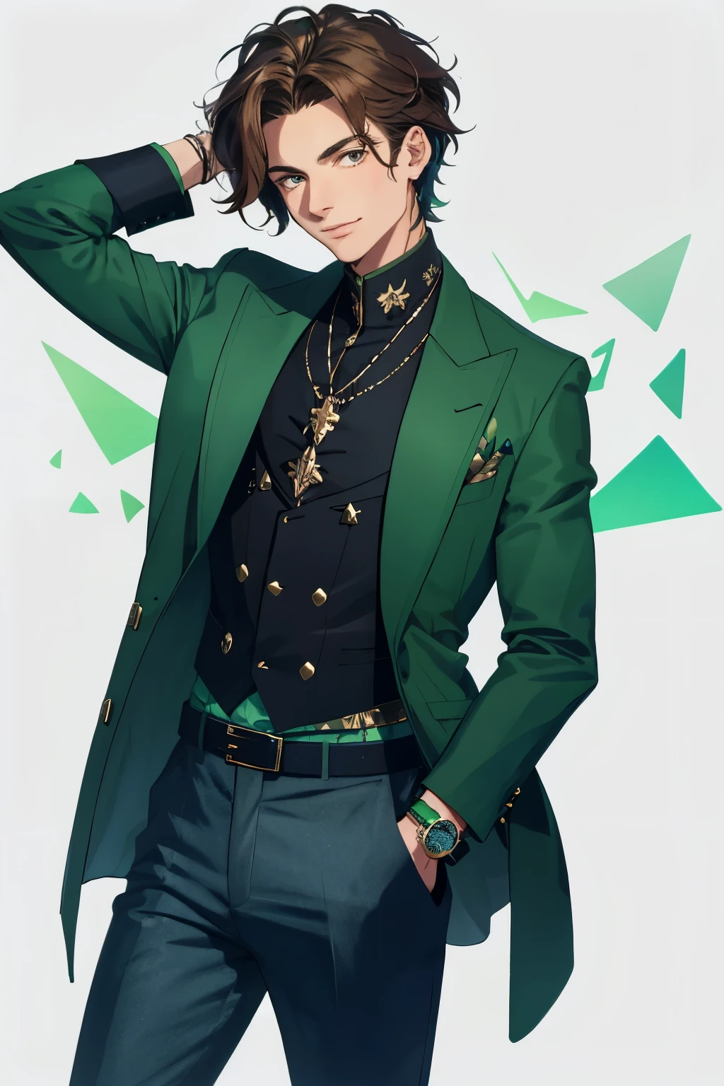A young boy, clad in a brown wavering hair and donning a long sleeve jacket of verdant hue, adorned with a prominent "10" symbol on its chest. He pairs this stylish jacket with contrasting blue denim trousers that snugly cover white shoes, boasting a vibrant green sheen. On his wrist, he sports a chic green energy watch, adorned with two black triangles at its face. The whole ensemble exudes an allure of trendiness and modernity. (125 words)
A handsome lad, endowed with brown wavy locks, wears a long sleeved jacket of lush green color displaying the em