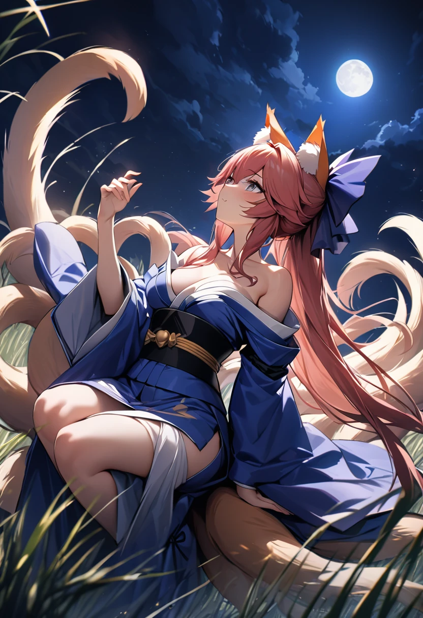 1girl, Tamamo-no-Mae , Fate/Grand Order, anime style, ultra realistic, high detail, sexy pose, sexy, beautiful, exposed skin, slender, exposed breast, nipples, nude, moon, stars, absurdres, high res, ultrasharp, 8K, UHD, retina, masterpiece, accurate, anatomically correct, perfect anatomy, textured skin, super detail, high details, high quality, award winning, best quality, high res, looking at viewer, detailed eyes, four fingers and one thumb per hand, perfect hands, 7 tailed fox