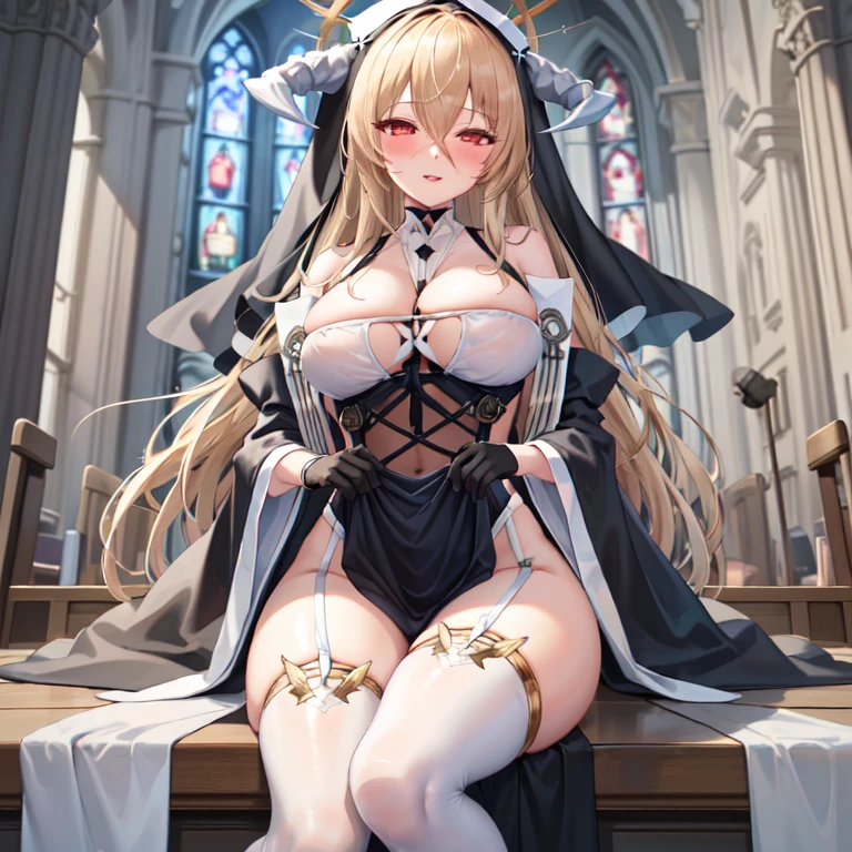 1 girl, alone, unyielding \(Azure Lane\), sitting, veil, nun, fake horns, Clothes lift, black, between breasts, hair between eyes, halo, wide sleeves, looking at the audience, black gloves, split, white stockings, Smile, blush, half-closed eyes,open lips, (church)