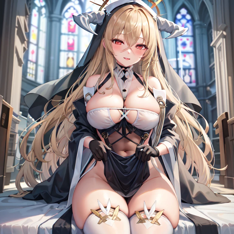 1 girl, alone, unyielding \(Azure Lane\), sitting, veil, nun, fake horns, Clothes lift, black, between breasts, hair between eyes, halo, wide sleeves, looking at the audience, black gloves, split, white stockings, Smile, blush, half-closed eyes,open lips, (church)