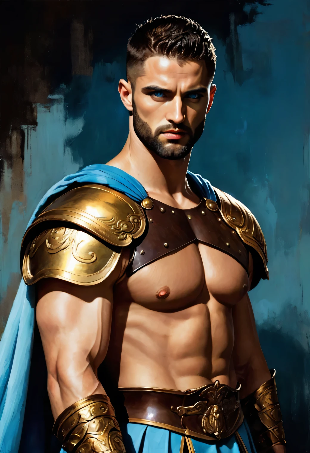 chiaroscuro technique on impressionist illustration of an masculine, Pantheon male model, handsome Roman, he is the god of war, he is Ares, Mars, evil-color, strong look, light blue eyes, strong jawline, dressed as a gladiator, ancient gladiator, male gladiator skirt, matte painting, by Harumi Hironaka, extremely soft colors, vibrant, pastel, highly detailed, digital artwork, high contrast, golden dramatic, refined, tonal, an intimate, golden year 