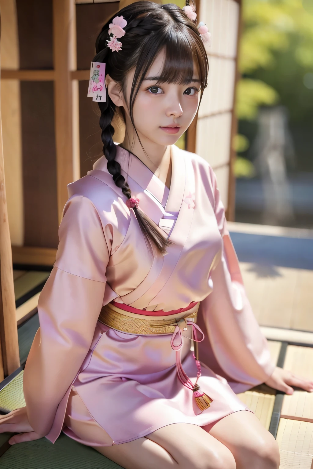 Highest image quality、masterpiece、(realism:1.4)、((Japanese Beautiful Girl:1.6))、open legs、(beautiful face:1.1)、Braided twin tail hairstyle、see-through dress、detailed eyes、Luscious pink shining lips、(eye make up:0.85)、Depth of the bounds written、Bokeh、4K、Mr.々Sexy pose