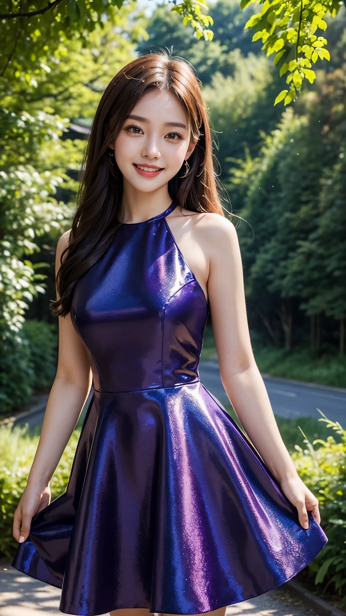 24 years beautiful Girl, korean Girl, 64K, (masterpiece: 1.4), Beautiful glitter purple colour frock dress, frock knee length, nature background, beautiful smile, (smile: 1.2), detailed background, detailed dress, ultra HD image quality, standing in front of trees, 