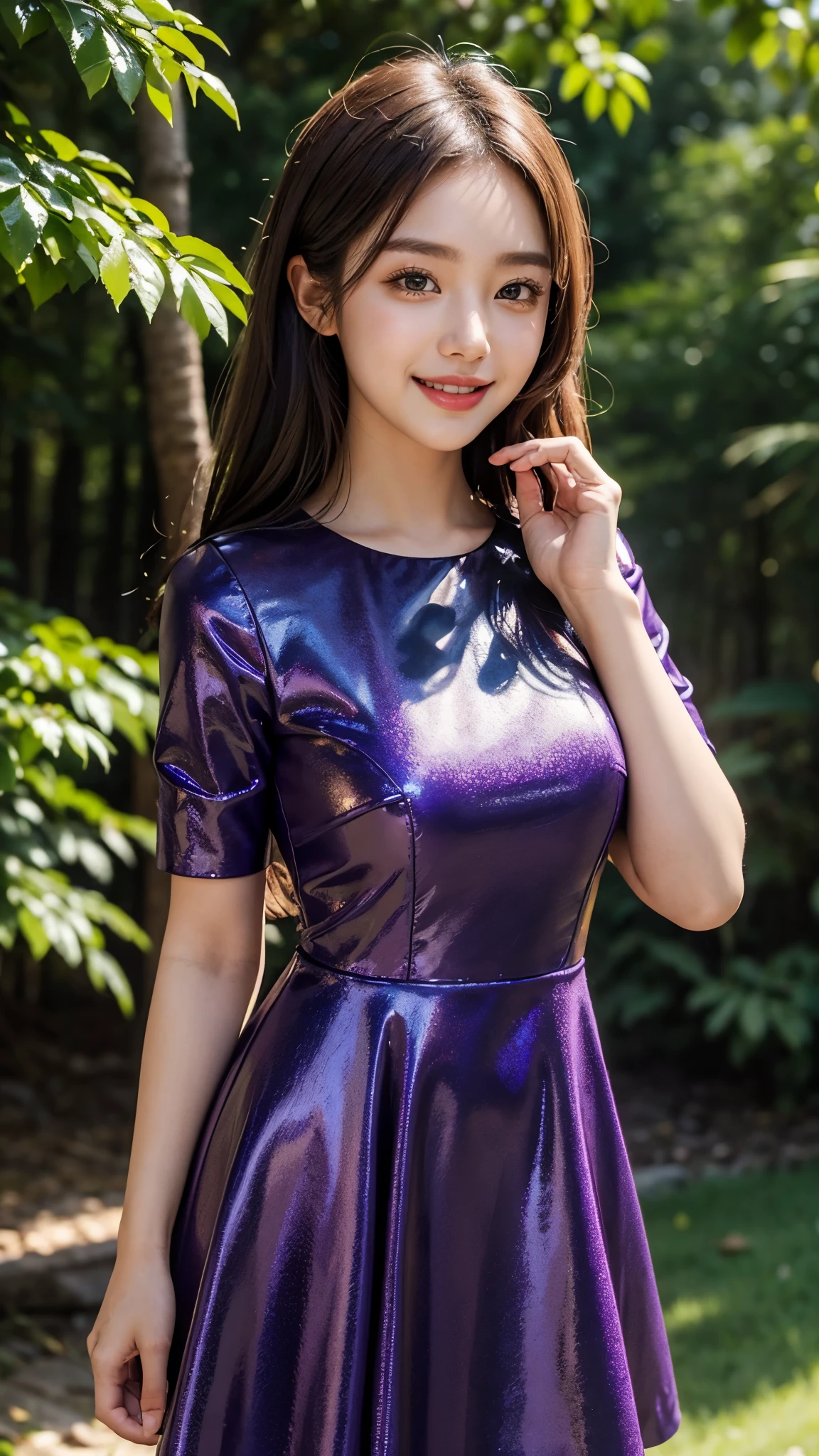 24 years beautiful Girl, korean Girl, 64K, (masterpiece: 1.4), Beautiful glitter purple colour frock dress, frock knee length, nature background, beautiful smile, (smile: 1.2), detailed background, detailed dress, ultra HD image quality, standing in front of trees,