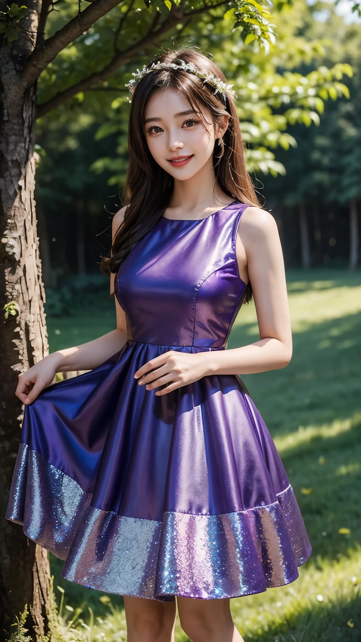 (((Medium Hair))), Top Quality, 8K, Absurdity: 1.2, Background Blur, Bokeh: 1.2, Photo, (Raw Photo: 1.2), (Photoreal: 1.4), (Complex Details: 1.2), Nice Women, Delicate and Beautiful Details, (Detailed Eyes), (Detailed Facial Features), Petite, (((Normal Breasts))), Beautiful Skin, (Best Quality: 1.4), (((purple) Shoulder dress))) Beautiful autumn leaves background, ((full body shot)),