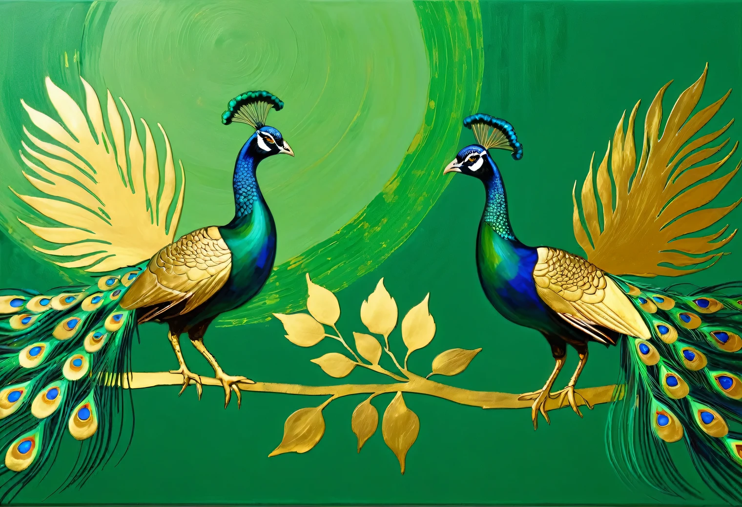 Gold Leaf Art, gold leaf painting on a green background, two beautiful peacocks dancing, minimalism