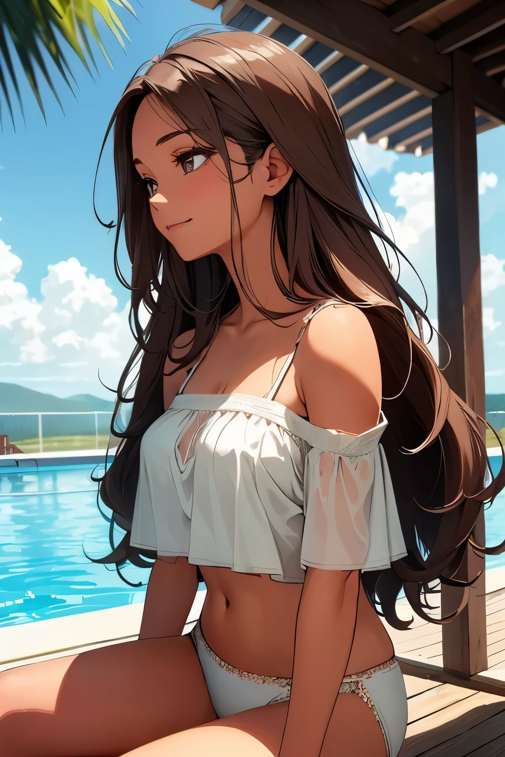 3D rendered image of a young adult female character, gracefully seated by a tranquil poolside. Her long, lustrous locks cascade down her back, a shade as dark as rich, exotic chocolate. A gentle expression adorns her face, framed by the soft, subtle curves of a smile that seems to dance with the sun's rays. Her deep-set, enchanting brown eyes, as mesmerizing as a bottomless well, gaze intently towards the horizon.
The character is tastefully adorned in a white, off-shoulder cropped top, its bowed neckline delicately framing her collarbone. A matching pair of white bikini