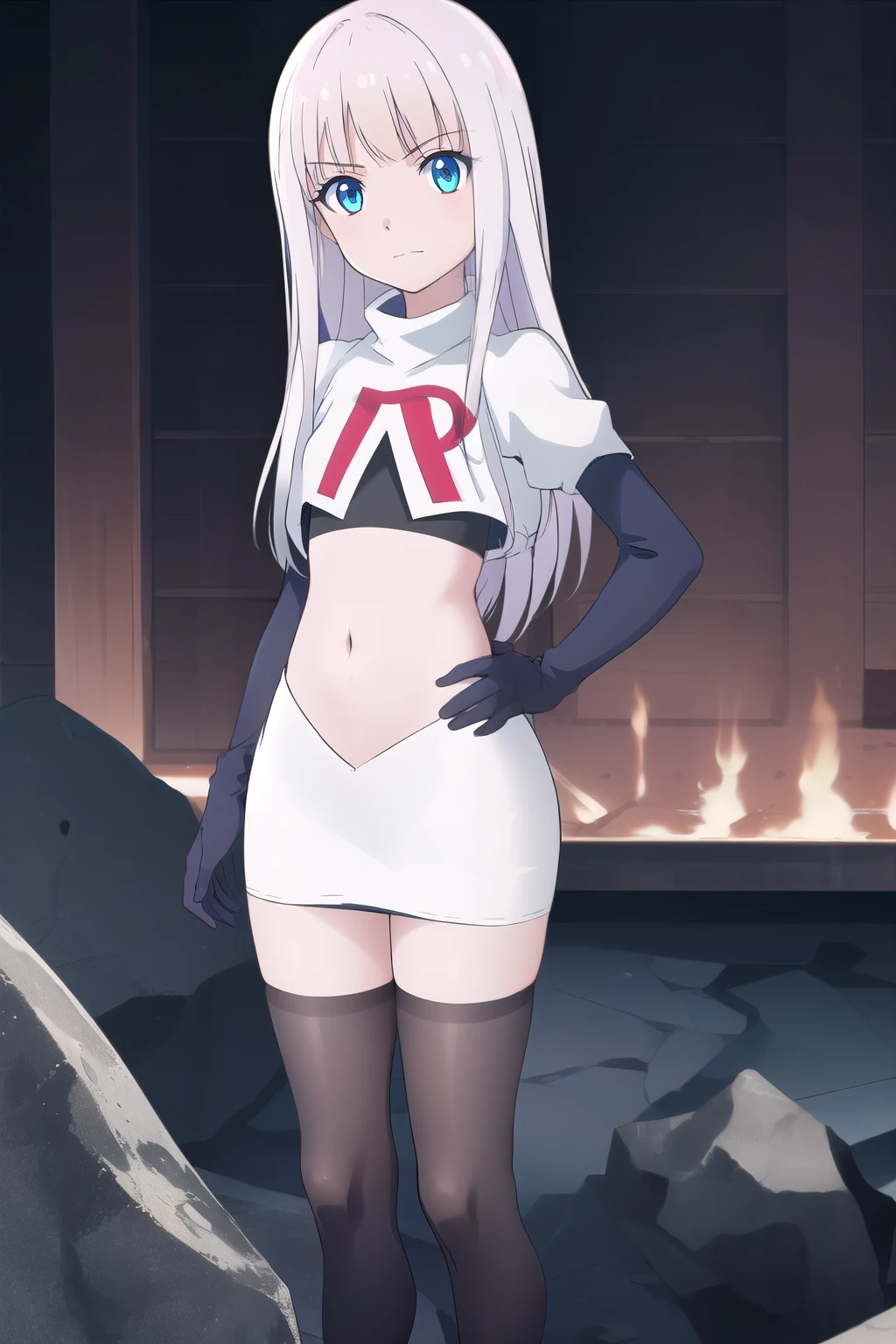 mira, anime, 1girl, solo, long_hair, looking_at_viewer, blue_eyes, white_hair, small breasts, soft smile, lake, yuzustyle , masterpiece, best quality, official art, extremely detailed CG unity 8k wallpaper, highly detailed, shiny skin, Depth of field, vivid color, team rocket,team rocket uniform, red letter R, white skirt,white crop top,black thigh-highs,black elbow gloves