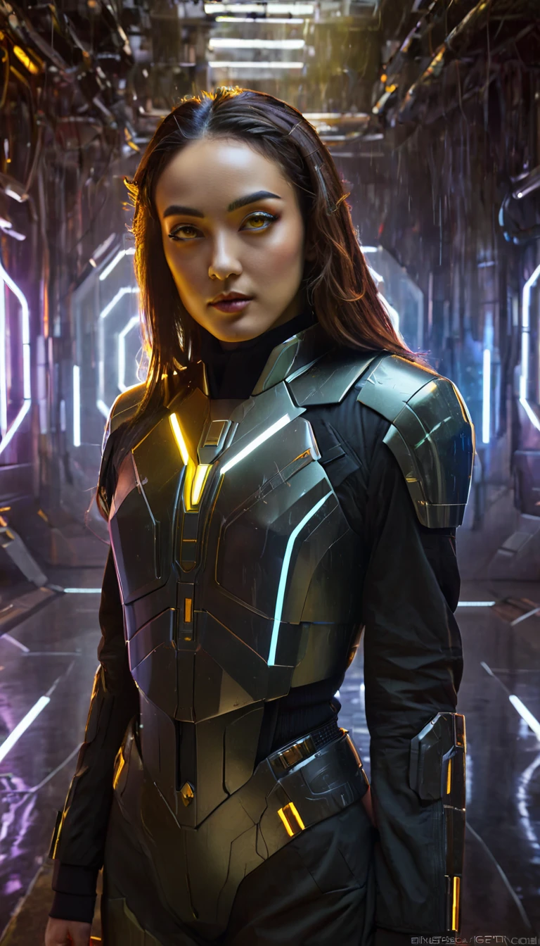 bright yellow eyes, ultra-detailed,vibrant colors,sci-fi,portrait,dramatic lighting,detailed facial features,dark background,long hair,glowing eyes,futuristic clothing,expressionless face,metallic texture,bright highlights,high contrast,radiant colors,artificial intelligence theme,sharp focus,technological elements,shadows and highlights,ethereal glow,neon lights,stormy atmosphere,otherworldly setting,unconventional composition,sharp lines,sleek design,mysterious atmosphere,unearthly beauty,digital enhancements,advanced technology,glowing circuitry,abstract background,ominous presence,subtle reflections,energetic pose,unique perspective,foreshortening effect,symmetrical composition,imposing presence,dynamic energy,striking visual impact,translucent overlays,organic and mechanical fusion.