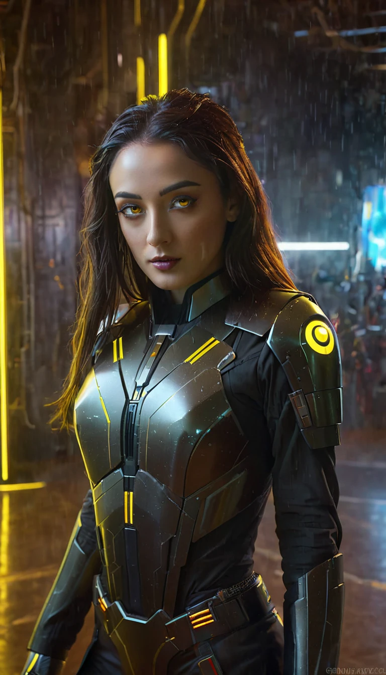 bright yellow eyes, ultra-detailed,vibrant colors,sci-fi,portrait,dramatic lighting,detailed facial features,dark background,long hair,glowing eyes,futuristic clothing,expressionless face,metallic texture,bright highlights,high contrast,radiant colors,artificial intelligence theme,sharp focus,technological elements,shadows and highlights,ethereal glow,neon lights,stormy atmosphere,otherworldly setting,unconventional composition,sharp lines,sleek design,mysterious atmosphere,unearthly beauty,digital enhancements,advanced technology,glowing circuitry,abstract background,ominous presence,subtle reflections,energetic pose,unique perspective,foreshortening effect,symmetrical composition,imposing presence,dynamic energy,striking visual impact,translucent overlays,organic and mechanical fusion.