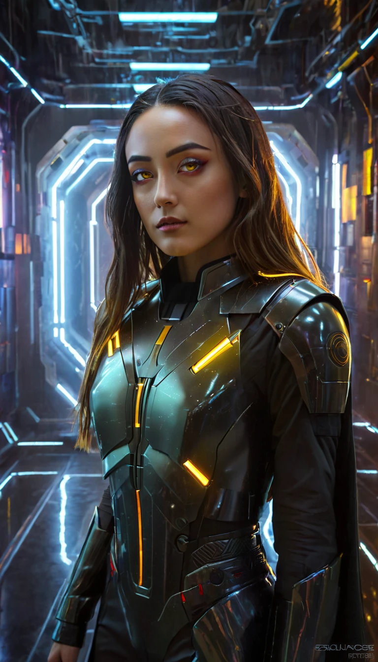 bright yellow eyes, ultra-detailed,vibrant colors,sci-fi,portrait,dramatic lighting,detailed facial features,dark background,long hair,glowing eyes,futuristic clothing,expressionless face,metallic texture,bright highlights,high contrast,radiant colors,artificial intelligence theme,sharp focus,technological elements,shadows and highlights,ethereal glow,neon lights,stormy atmosphere,otherworldly setting,unconventional composition,sharp lines,sleek design,mysterious atmosphere,unearthly beauty,digital enhancements,advanced technology,glowing circuitry,abstract background,ominous presence,subtle reflections,energetic pose,unique perspective,foreshortening effect,symmetrical composition,imposing presence,dynamic energy,striking visual impact,translucent overlays,organic and mechanical fusion.