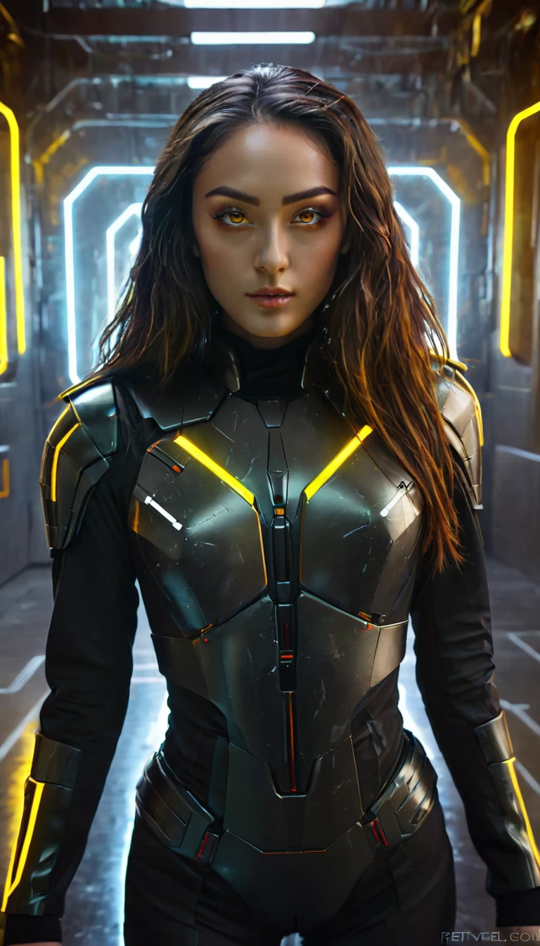 bright yellow eyes, ultra-detailed,vibrant colors,sci-fi,portrait,dramatic lighting,detailed facial features,dark background,long hair,glowing eyes,futuristic clothing,expressionless face,metallic texture,bright highlights,high contrast,radiant colors,artificial intelligence theme,sharp focus,technological elements,shadows and highlights,ethereal glow,neon lights,stormy atmosphere,otherworldly setting,unconventional composition,sharp lines,sleek design,mysterious atmosphere,unearthly beauty,digital enhancements,advanced technology,glowing circuitry,abstract background,ominous presence,subtle reflections,energetic pose,unique perspective,foreshortening effect,symmetrical composition,imposing presence,dynamic energy,striking visual impact,translucent overlays,organic and mechanical fusion.